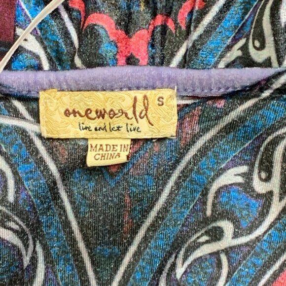 One World BOHO Velvet & Chiffon Kimono Sleeve Tunic Blouse Sz S #303i - Picture 5 of 7